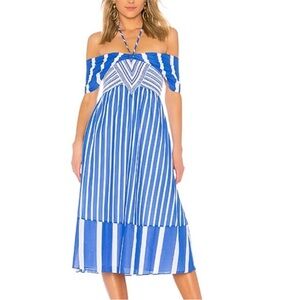 Tanya Taylor Celina Smocked Striped Midi Off Shoulder Dress